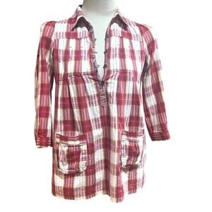 Free People Plaid Button Tunic Top Pockets 0